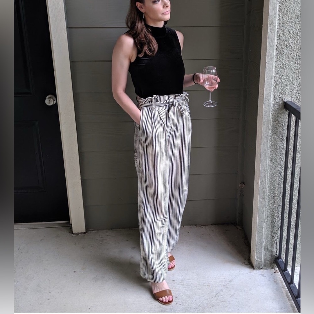 Olivaceous Black and White Wide Leg Striped Pants